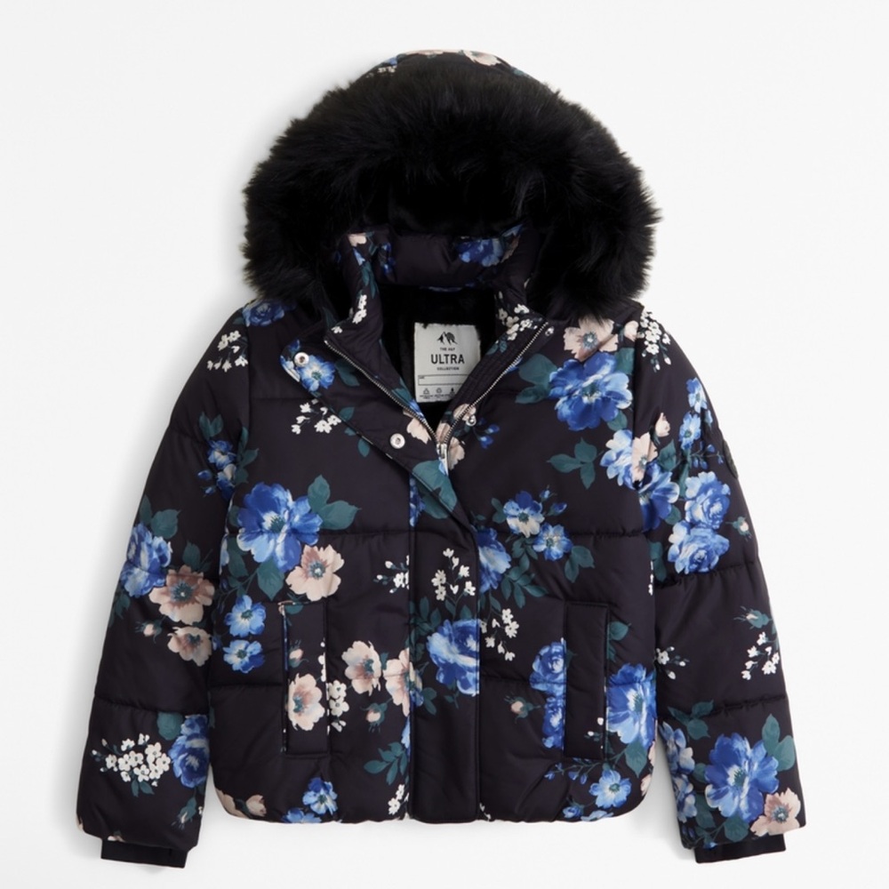 Abercrombie  kids Floral Puffer Jacket with Fur Hood